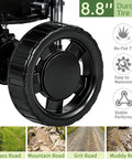 8-inch wear-resistant tire of All Season 70-Pound Fertilizer Spreader With 15-Level Precision Control, shown on various terrains.