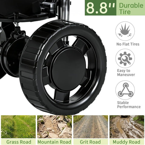 8-inch wear-resistant tire of All Season 70-Pound Fertilizer Spreader With 15-Level Precision Control, shown on various terrains.