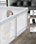 Extra Large Baby Playpen With Mat 79 By 71 Inches For Toddlers And Infants Safety Gate Play Yard In Light Gray with baby inside