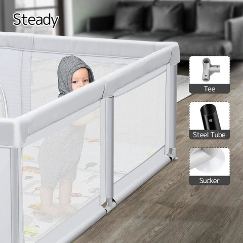 Extra Large Baby Playpen With Mat 79 By 71 Inches For Toddlers And Infants Safety Gate Play Yard In Light Gray with baby inside