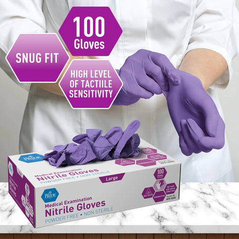 Powder Free Nitrile Exam Gloves X Large Pack Of 100 Textured Fingertips for healthcare and medical use shown on hands.