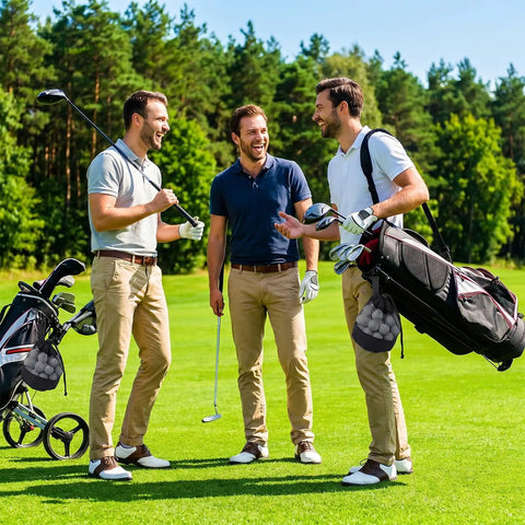 Three men holding golf clubs on a course with Two Pack Golf Ball Bags With Drawstring Nylon Mesh Pouches visible on the golf bag.