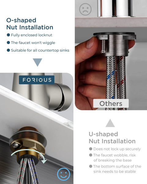 Slick High Arc Kitchen Faucet With Pull Down Sprayer In Brushed Nickel Finish installation comparison of O-shaped and U-shaped nuts.