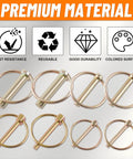 Heavy Duty Lynch Pin Kit 30 Pack For Trucks Trailers Tractors Mowers And 3 Point Hitches shown in four sizes, rust-resistant.