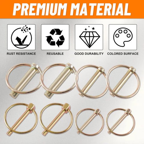 Heavy Duty Lynch Pin Kit 30 Pack For Trucks Trailers Tractors Mowers And 3 Point Hitches shown in four sizes, rust-resistant.