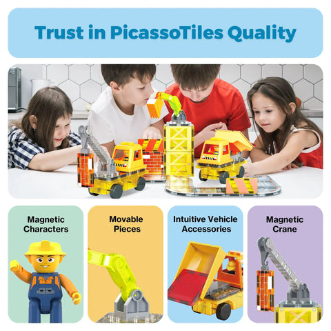 Children playing with Magnetic Construction Vehicle Tiles Set 5 In 1 Buildable Crane Excavator Dump Truck Ladder Truck Backhoe.