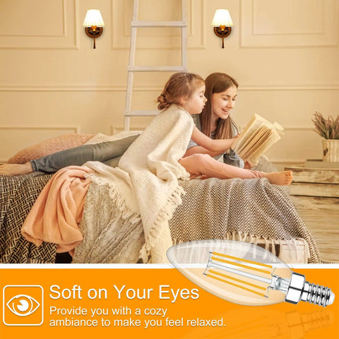 Mother and daughter reading with Dimmable Candelabra LED Bulb 2700K Warm White, E12 Base, 60W Equivalent, Type B, 600LM, for relaxation.