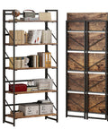 Sleek Five Tier Folding Bookshelf, Legit Heavy Duty Metal Frame And Vintage Wood Shelves, organized with books and decor.