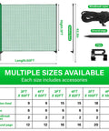Diagram of Heavy Duty Portable Animal Fence With Posts For Garden And Backyard 3x50 Ft Mesh Barrier and included accessories.