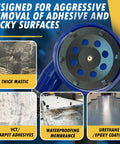 7 Inch PCD Grinding Wheel For Epoxy Glue Mastic And Paint With 6 Quarter Round Segments And Five Eighths Inch 11 Thread Arbor Wet Or Dry Use On Angle Grinders Built For Aggressive Surface Prep And Coating Removal shown next to surfaces it works on.
