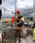 Wet diamond core drill in a three-panel collage, orange drill with workers in safety gear at a worksite.