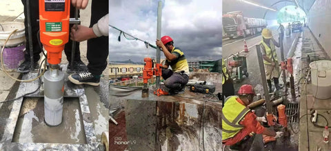 Wet diamond core drill in a three-panel collage, orange drill with workers in safety gear at a worksite.