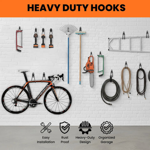 Heavy Duty Garage Wall Hooks Set With Anti Rust PVC Coating, organizing bike, tools, and hoses on brick wall