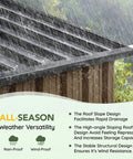10x12 Ft Outdoor Storage Shed With Skylight Roof Panels demonstrating weatherproof design in rain with sloped metal roof.