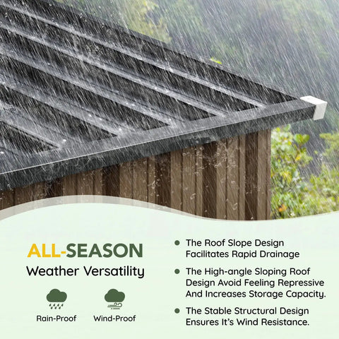 10x12 Ft Outdoor Storage Shed With Skylight Roof Panels demonstrating weatherproof design in rain with sloped metal roof.