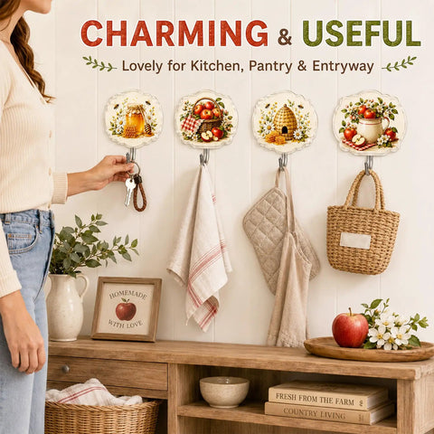 Top Shelf Apple Farmhouse Acrylic Wall Hooks With Hella Strong Adhesive Backing Super Cute Decorative Hanging Racks For Kitchen Counter Bathroom Shower Doors Quick Install Organization Solution Game Changer Sweet Country Vibes Set Of Four showcased with keys and kitchen towels.