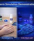 Germ Transfer Visualization Kit With Glow In The Dark Powder And Gel That Glows Under Blacklight, showing hands with tracer.