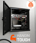 12U Enclosed Wall Mount Network Rack with Dual 1U Shelves, pre mounted fan, open door view, holding 132 lbs, 600mm depth.