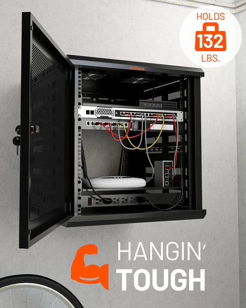 12U Enclosed Wall Mount Network Rack with Dual 1U Shelves, pre mounted fan, open door view, holding 132 lbs, 600mm depth.