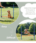 Pro Grade Dog Agility Hurdle with Height Adjustable Crossbar for training and outdoor fun, featuring a dog jumping and sitting.
