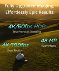 Scenic landscape highlighting 4K/60fps HDR, 4K/100fps slow motion, and 48 MP RAW photo features of Mini 4 Pro Folding Drone With Screen Remote.