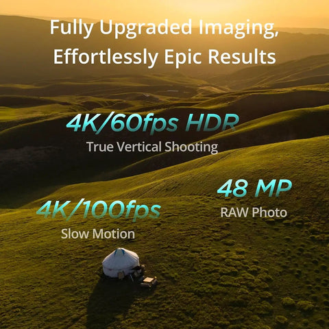 Scenic landscape highlighting 4K/60fps HDR, 4K/100fps slow motion, and 48 MP RAW photo features of Mini 4 Pro Folding Drone With Screen Remote.