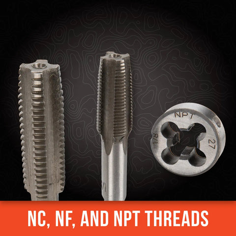 Kickstart Your Garage Projects With This Slick 40 Pc SAE Tap And Die Set Featuring Precision Built Taps And Dies For Creating Strong Internal And External Threads In Steel And Iron Without Breaking The Bank. NC, NF, and NPT thread taps and dies in steel