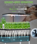 44 Pod Indoor Hydroponic Grow System With Dual 53W Full Spectrum LEDs, water tank, and lettuce growth detail
