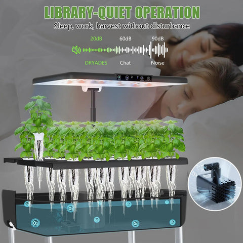 44 Pod Indoor Hydroponic Grow System With Dual 53W Full Spectrum LEDs, water tank, and lettuce growth detail