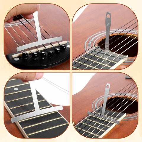 Close-up of the Guitar Nut File Set 11 Pcs Luthier Tools Kit with Nine Radius Gauges in use on acoustic guitar