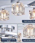 Modern Elegant Glass Crystal Ceiling Chandelier Six Light Chrome Flush Mount Lighting Fixture with close-up detail of crystal accents