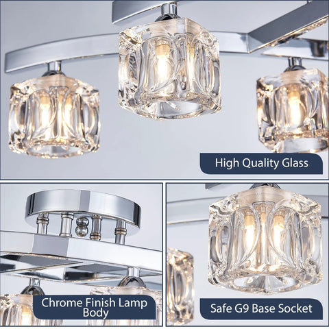Modern Elegant Glass Crystal Ceiling Chandelier Six Light Chrome Flush Mount Lighting Fixture with close-up detail of crystal accents
