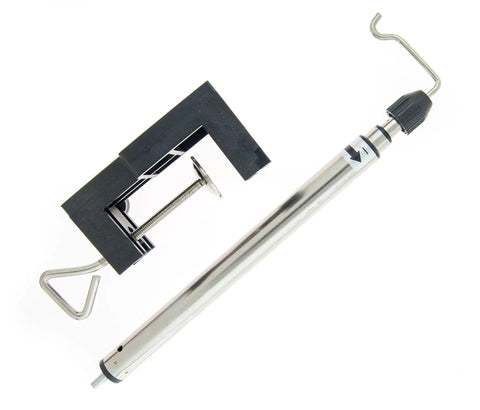 Go-To 27 Inch Telescoping Rotary Tool Holder With Table Clamp For Flex Shaft Hanger Stand, Perfect DIY Setup For Crafting And Metalworking, Durable Stainless Steel Rod, Stable, Handy Tool Support. Clamp and rod shown on white background.