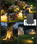 All In One LED Low Voltage Landscape Lighting Kit With 12 Aluminum 3W Lights 60W Transformer 100ft Cord And 24 Connectors Weatherproof 3000K Outdoor Spotlights illuminating garden and trees at night.