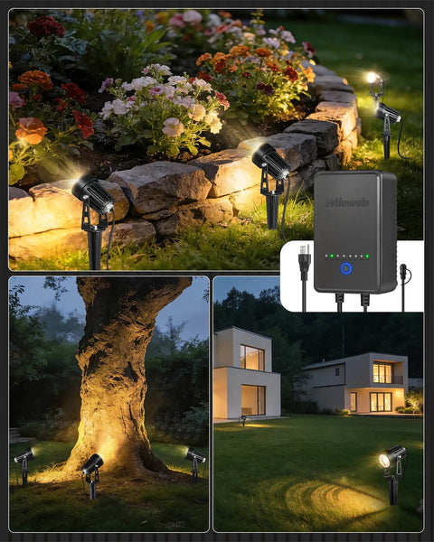 All In One LED Low Voltage Landscape Lighting Kit With 12 Aluminum 3W Lights 60W Transformer 100ft Cord And 24 Connectors Weatherproof 3000K Outdoor Spotlights illuminating garden and trees at night.