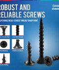 Close-up view of Phillips bugle head drywall screws with coarse thread and sharp point, highlighting features against a blue background.