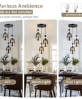 Three Light Industrial Pendant Lights With Amber Glass Shade And Adjustable 0 To 47 Inch Rubber Cord Black Metal Cage Fixture, dining room