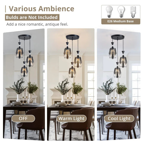 Three Light Industrial Pendant Lights With Amber Glass Shade And Adjustable 0 To 47 Inch Rubber Cord Black Metal Cage Fixture, dining room