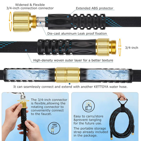 Non Expanding Garden Hose 150 Ft With Ten Pattern Spray Nozzle, Kink Free Flexible Water Hose, Lightweight And Durable, Leak Proof, Three Quarter Inch Swivel Connectors, Strong Fabric, Portable Storage Strap, Perfect For Yard And Garden shown with 3/4-inch connector and leak-proof fittings