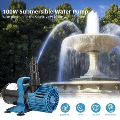Workhorse High Flow Pond Pump 1600 GPH With 14 Ft Lift, 100W Submersible Water Pump For Fish Ponds, Waterfalls And Features shown next to a fountain