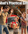 Family celebrating with dad receiving a gift box labeled 'Dad's Practical Gift' in front of a garage workspace.