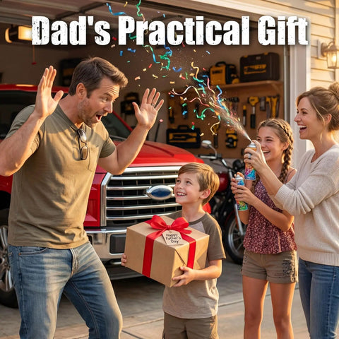 Family celebrating with dad receiving a gift box labeled 'Dad's Practical Gift' in front of a garage workspace.