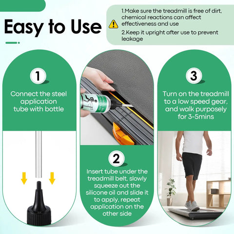 Instructions for using 8oz Silicone Treadmill Belt Lubricant For Easy Peasy Quiet Smooth Runs with steel tubes and screw caps.