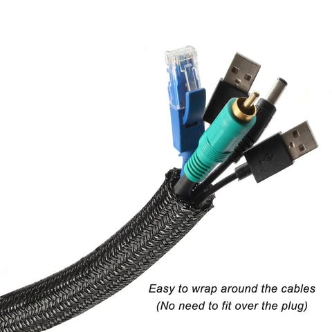 Close-up of 25 Foot One Half Inch Braided Cable Management Sleeve Self Wrapping Split Wire Loom Black holding various cables