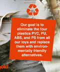 Environmental message about eliminating PVC, PU, ABS, and PS from toys, displayed on tree bark background with Goki logo.