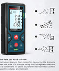 328Ft Laser Distance Meter With Ft In M Switch Dual Bubble Levels Auto Calibration Large Backlit Lcd showing measurement modes and functions.