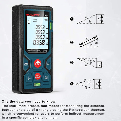 328Ft Laser Distance Meter With Ft In M Switch Dual Bubble Levels Auto Calibration Large Backlit Lcd showing measurement modes and functions.