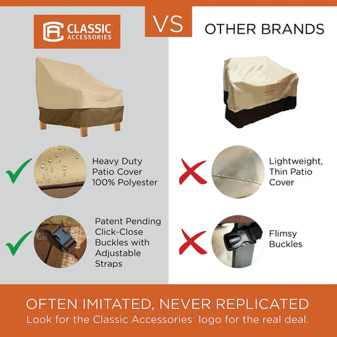 Comparison of Classic Accessories heavy duty patio cover versus other brands with flimsy buckles and thin cover.