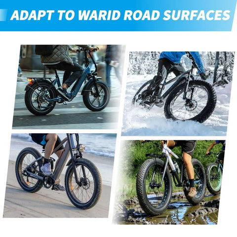 Cyclists riding on diverse terrains using 20x4.0 Fat Tire Tube And Folding MTB Tire Puncture Resistant Inner Tube For Mountain Bikes And E Bikes All Terrain Directional Tread High Volume For A Smooth Rugged Ride.