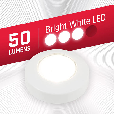 LED Puck Lights 2 Pack Battery Operated Tap Light Wireless Stick On 50 Lumens bright white LED display.